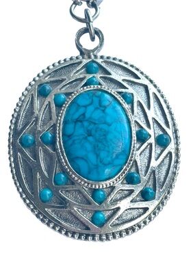 Vintage Whiting & Davis Victorian Revival Faux Turquoise Pendant Necklace 70s